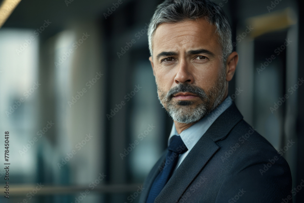 A man with gray hair and a beard is wearing a suit and tie
