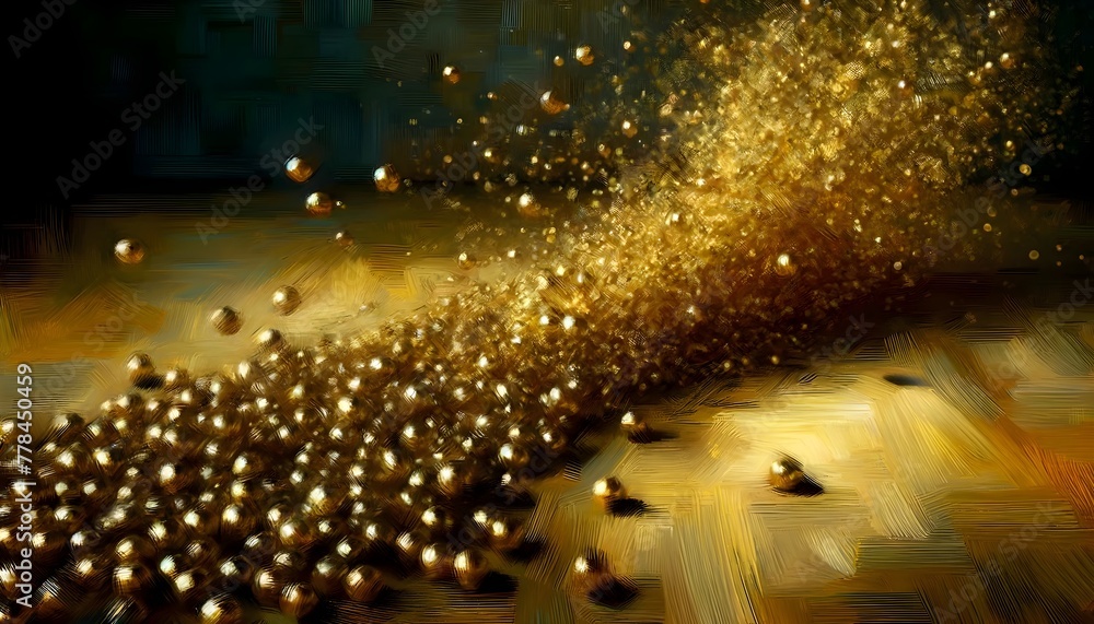 Obraz premium The image is a vibrant, abstract painting with a swirl of golden particles streaming across a dark backdrop, creating a sense of dynamic movement and energy.