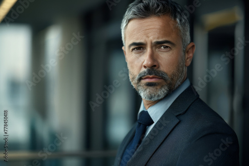 A man with gray hair and a beard is wearing a suit and tie