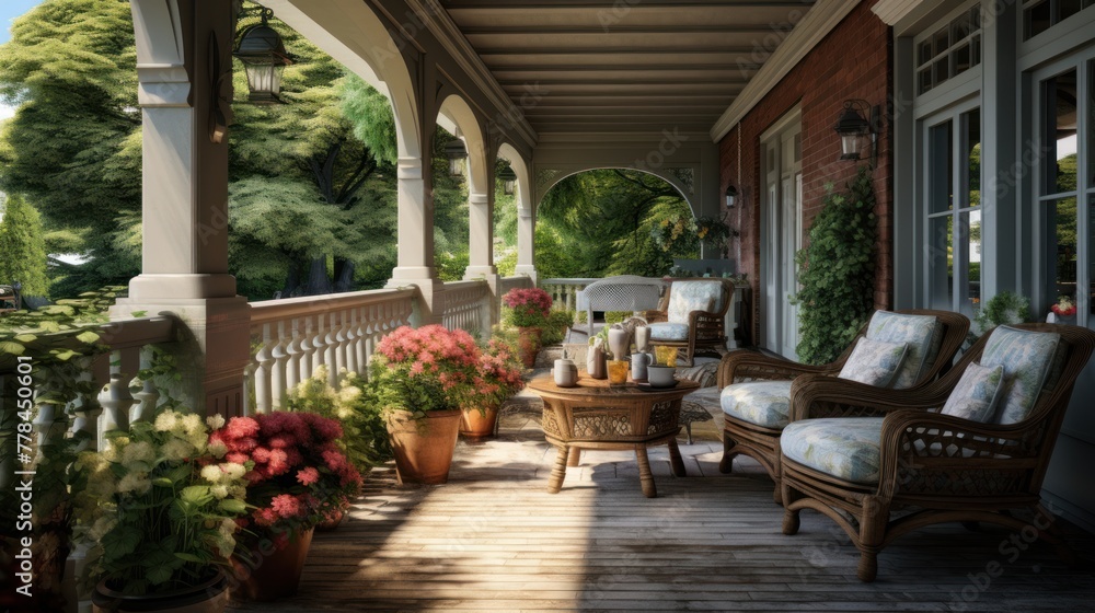 Enjoy the quiet, empty verandas, soft armchairs, coffee table and various potted flowers - serene spaces bathed in sunlight.
