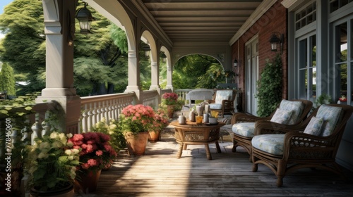 Enjoy the quiet  empty verandas  soft armchairs  coffee table and various potted flowers - serene spaces bathed in sunlight.