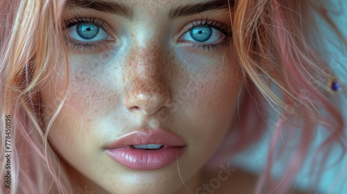 a close up of a woman's face with freckled hair and blue eyes and freckled hair.