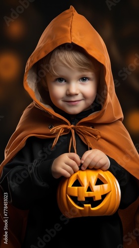 Cute trick: a boy in an orange hooded cape clutching a Halloween pumpkin.