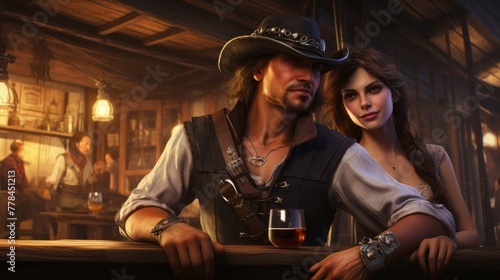 Atmospheric tavern photograph  pirate and lady  costumes  and courtship  capturing the essence of historical glamour.
