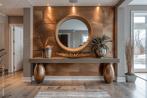 A modern and inviting entryway with a sleek console table, decorative mirror, and statement lighting fixture, welcoming guests into the home with style and sophistication.