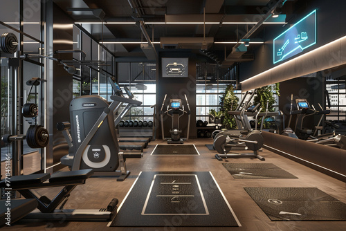 A modern gym space with AI trainers providing personalized workout routines and monitoring progress.
