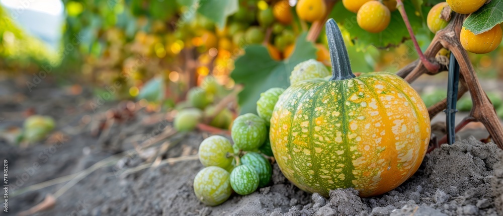   A cluster of squashes perched atop a mound of earth near a grove of citrus fruits