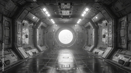 a view of a sci - fi space station with a round window in the center of the room and lots of electronic equipment on the floor. photo
