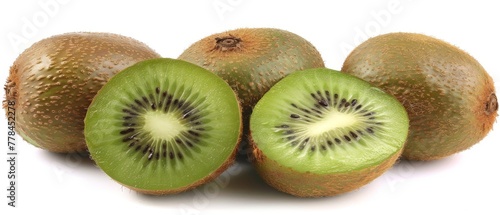   Two kiwis halved stacked on top of each other