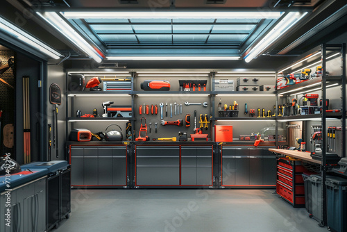 A modular AI-controlled storage system in the garage, organizing tools and equipment with precision and maximizing space efficiency.