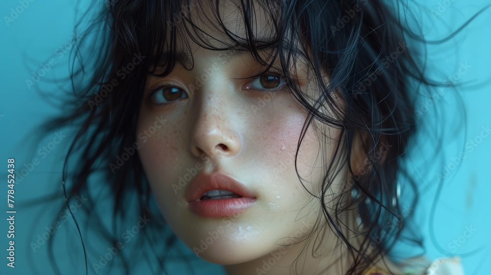 a close up of a woman's face with frizz on her hair and frizz on her face. a close up of a woman's face with frizz on her hair and frizz on her face.