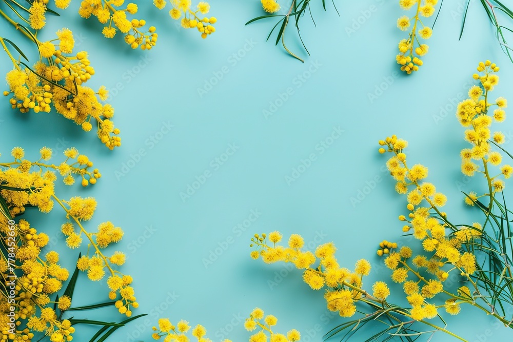Mimosa flowers with copyspace for text on yellow background