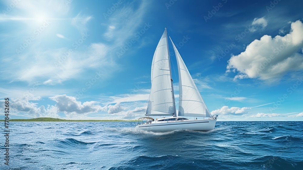 A sailboat with white sails sails on the open sea, creating a serene sailing scene under the endless blue sky.