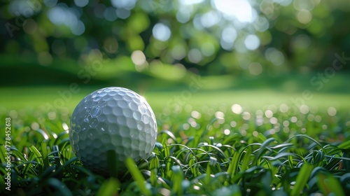 A detailed view of a white, dimpled golf ball poised on a tee, with the lush fairway and distant holes softly blurred, emphasizing the precision and calmness of golf