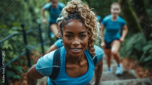 Group of men and women doing exercising together in stairs city. Multi-ethnic friends workout together and smiling. Running on the same place workout.