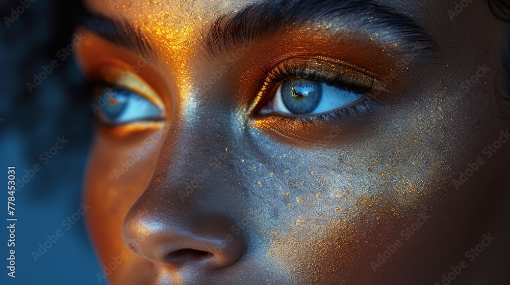 a close up of a woman's face with blue eyes and gold glitters on her face and body.