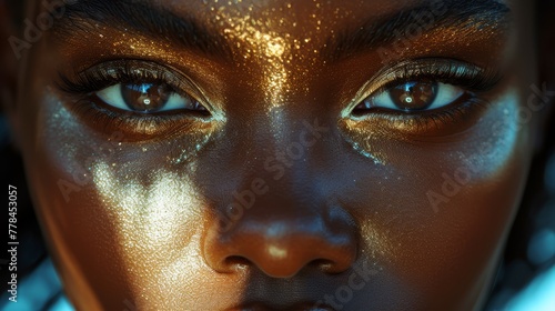 a close - up of a woman's face with gold paint on her face and her eyes are glowing. © Mikus