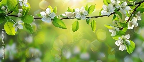  A tree branch with white flowers and green leaves facing a bright green sunbook