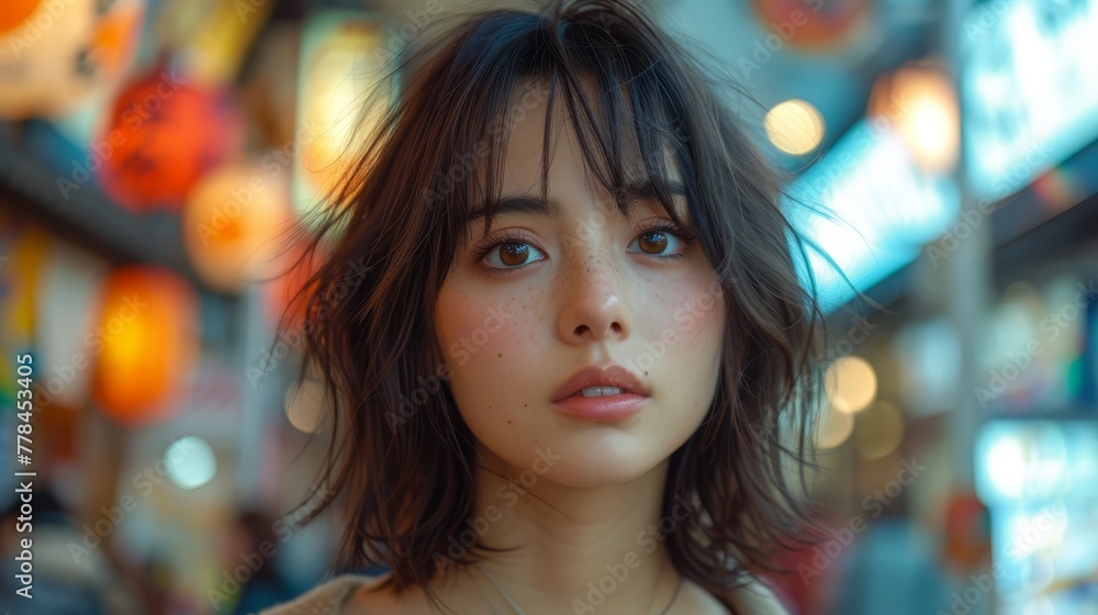 a close up of a person wearing a necklace and looking at the camera with blurry lights in the background.