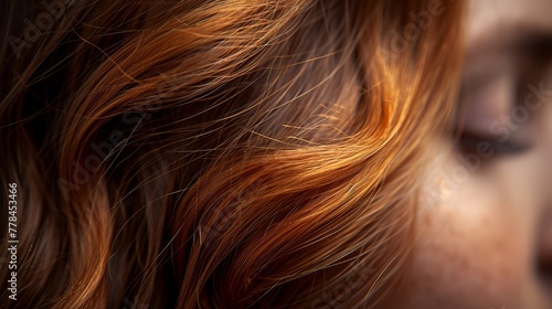 a close - up of a woman's face with red hair blowing in the wind and her eyes closed.