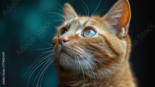 a close up of a cat's face with a blurry background and a blue sky in the background.