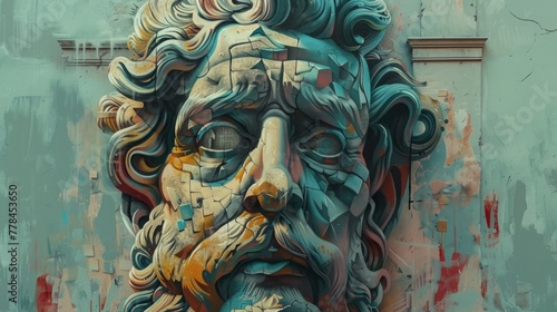 Surreal 3D Graffiti of Bearded Man's Face 