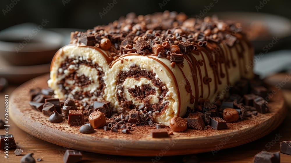 a cake with chocolate and white frosting on top of a wooden platter with chocolate chips on top of it. a cake with chocolate and white frosting on top of a wooden platter with chocolate chips on top of it.