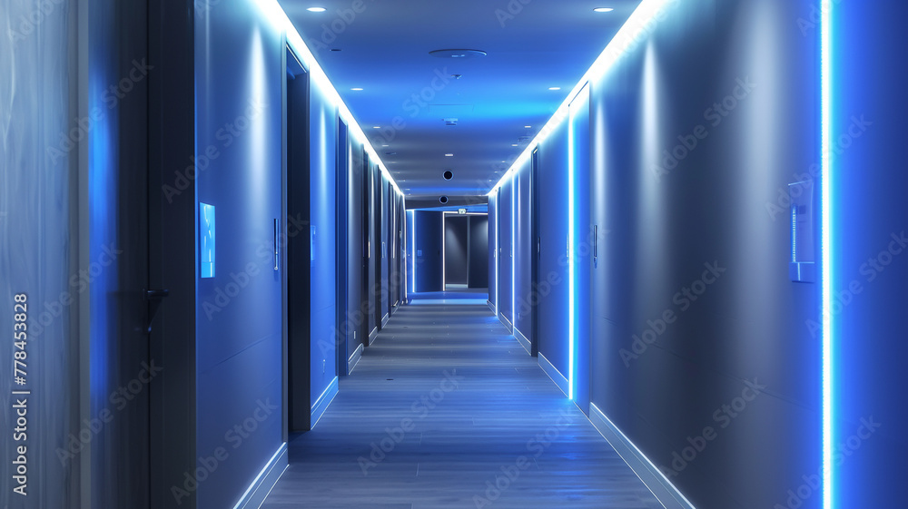 A sleek hallway featuring smart lighting systems that adjust brightness and color temperature based on time of day and occupancy.