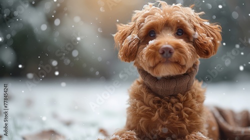 a brown dog sitting in the snow with a scarf around it's neck and it's eyes closed.