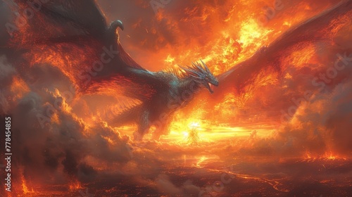 a painting of a dragon flying in the sky over a fire and ice covered land with a mountain in the background.