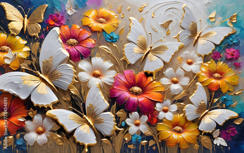 bright colorful flowers and white with gold butterflies painted with oil paint