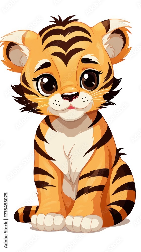 A cartoon baby tiger with brown and black stripes, big eyes and a small white nose. A cartoon baby tiger with brown and black stripes, big eyes and a small white nose.