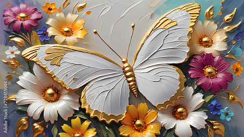 bright colorful flowers and white with gold butterfly painted with oil paint