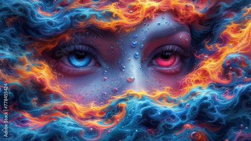 a close up of a woman s face with fire and water swirling around her and the eyes are red  orange  and blue.