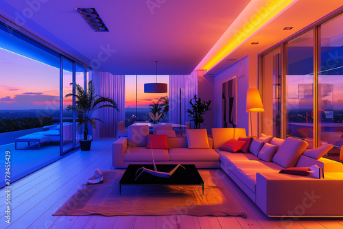 A smart living room with AI-controlled mood lighting, dynamically adjusting colors to match the time of day and activities.