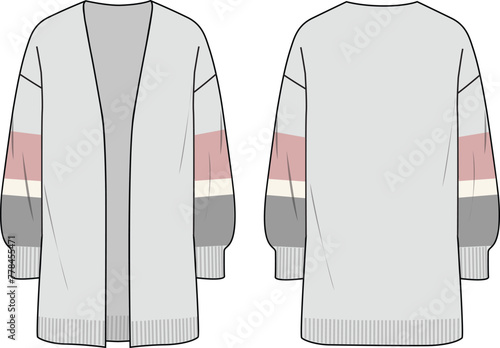 Women's Striped Sleeve, Long Line Cardigan. Technical fashion illustration. Front and back, colored. Women's CAD mock-up.