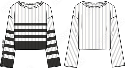Women's Striped Ribbed Jumper. Technical fashion illustration. Front, black and white. Women's CAD mock-up.