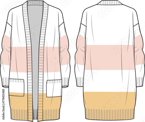 Women's Striped Long Line Cardigan. Technical fashion illustration. Front and back, colored. Women's CAD mock-up.