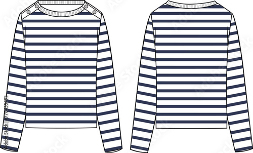 Women's Button Detail, Striped Jumper. Technical fashion illustration. Front and back color. Women's CAD mock-up.