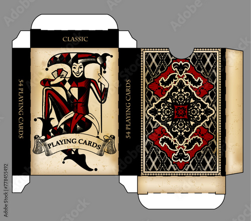 Playing cards tuck box design with Joker and decoration in vintage engraving style on grunge old shabby yellowed paper background. Vector illustration