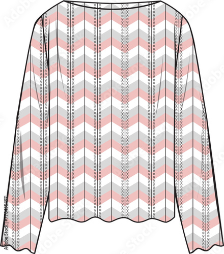 Women's Striped Scallop Hem Crochet Jumper. Technical fashion illustration. Front, white, grey and pink color. Women's CAD mock-up.