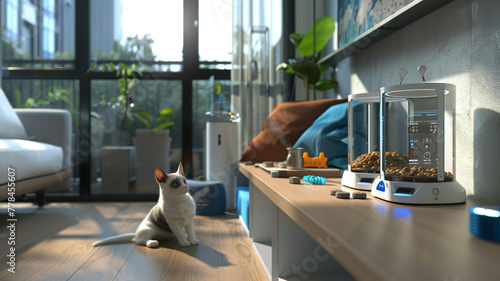 A smart pet zone featuring automated feeding stations, interactive toys, and AI-driven pet health monitors to ensure furry friends are happy and healthy.