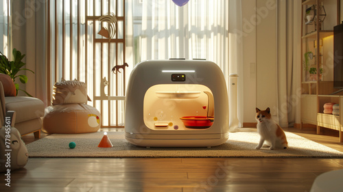 A smart pet zone featuring automated feeding stations, interactive toys, and AI-driven pet health monitors to ensure furry friends are happy and healthy.