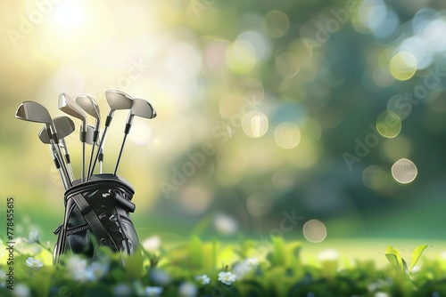 Golf clubs in modern bag on blurred green background photo