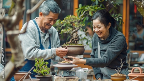 Photograph of people happily making bonsai.