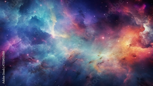 Colorful nebula with clouds of gas and dust. There are also stars scattered throughout the stage. The nebula s colors range from deep blue to purple and red.