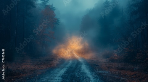 a foggy road in the middle of a forest with a yellow light coming out of the middle of the road.