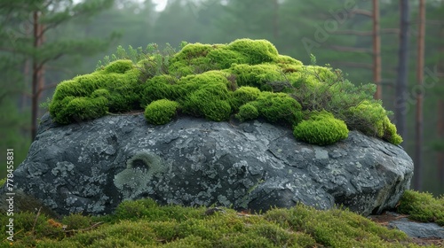 a moss covered rock in the middle of a forest with pine trees in the backgrouds and fog in the background. photo