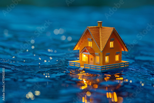 A rich marigold miniature house, radiating with joy and brightness, on a deep sapphire blue surface.