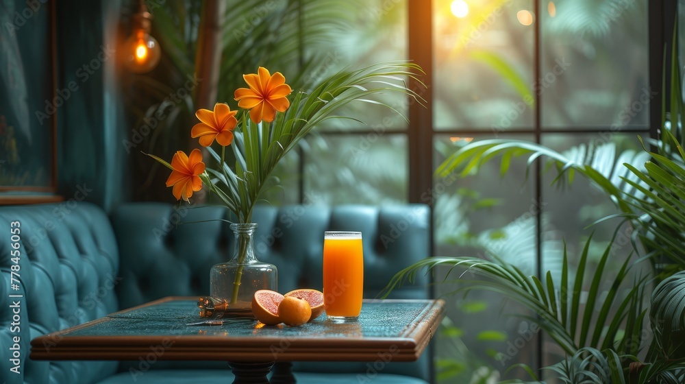 a glass of orange juice sitting on a table next to a vase of oranges and a vase of flowers. a glass of orange juice sitting on a table next to a vase of oranges and a vase of flowers.